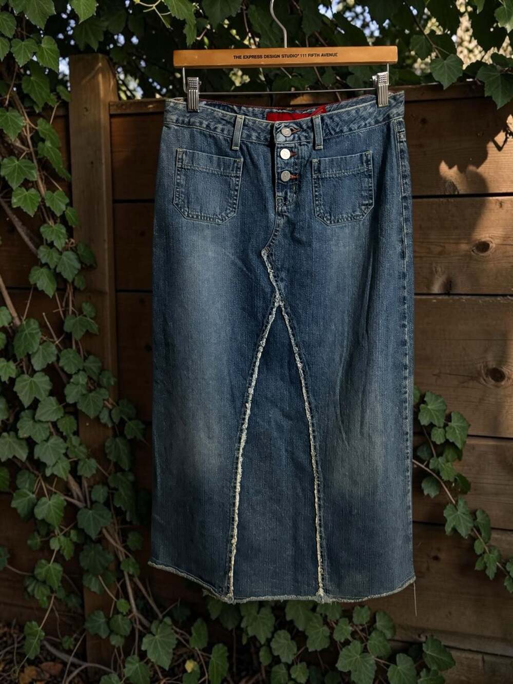 Bongo Vintage Y2K Raw Hem Denim Maxi Skirt with Front Slit